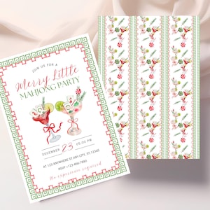 Pode incluir: Um convite festivo para uma "Merry Little Mahjong Party" com ilustra&ccedil;&otilde;es de cocktails em aquarela. O convite apresenta uma borda vermelha e verde, detalhes do evento e um verso com um padr&atilde;o correspondente. O texto diz "Join us for a Merry Little Mahjong Party".