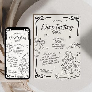 May include: An invitation and a phone screen, both in black and white, announce a "Wine Tasting Party". The invitation features event details, wine bottle and glass illustrations, and text. The phone screen replicates the invitation's design, displaying party information.