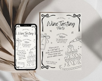 May include: A black and white invitation and phone screen display a "Wine Tasting Party" theme. The invitation includes event details, illustrations of wine bottles, glasses, and text. The phone screen mirrors the invitation design, showcasing the party information.