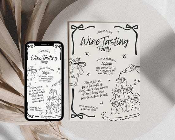 Wine Blind Tasting Invitation, Sips And Dips Wine Tasting Party Ideas, Wine Tasting Invitation, Bow Wine Night Invite, Wine Game Invitation
