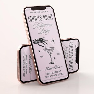 May include: Two iPhone mockups with a white background displaying a Halloween party invitation. The invitation features a skeleton hand holding a martini glass, the text "Ghouls Night Halloween Party", and the date and time of the party. The text "Amelia's House" is also included.