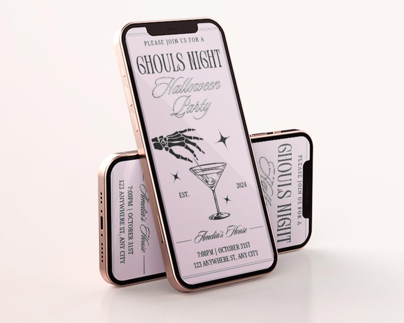 May include: Two iPhone mockups with a white background displaying a Halloween party invitation. The invitation features a skeleton hand holding a martini glass, the text "Ghouls Night Halloween Party", and the date and time of the party. The text "Amelia's House" is also included.