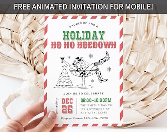 May include: A red and white striped invitation card with a black and white illustration of a woman in a cowboy hat sitting in a martini glass. The text on the card reads "Saddle Up For A Holiday Ho Ho Hoedown" and includes the date and time of the event, "Dec 25, 06:00-10:00PM".
