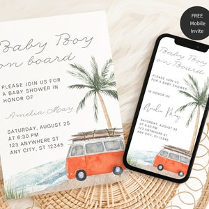 Boy Baby on Board Invitation, Surfing Baby Printable Invite, Surf Beach Baby Shower Editable Invitation, Summer Baby Shower Ocean, Set304