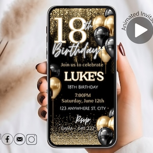ANIMATED 18th Birthday Digital Invitation, Editable Template, Black Gold Balloons Birthday Invitation, Eighteen, Eighteenth Birthday Invite