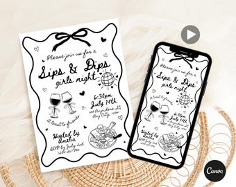 May include: Black and white invitation for a "Sips & Dips girls night" event. The design includes a bow, hearts, wine glasses, a disco ball, and the event details. The invitation is displayed on a white card and a smartphone.