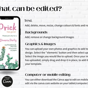 May include: A digital invitation for a divorce party with a cactus theme. The invitation is on a smartphone screen and says "The Prick has gone!" and "Please join Lilly for a Divorce Party". The invitation also includes the date, time, and address of the party. The invitation is designed with a green and pink color scheme and features a cactus illustration.