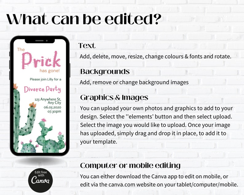 May include: A digital invitation for a divorce party with a cactus theme. The invitation is on a smartphone screen and says "The Prick has gone!" and "Please join Lilly for a Divorce Party". The invitation also includes the date, time, and address of the party. The invitation is designed with a green and pink color scheme and features a cactus illustration.