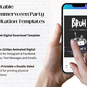 May include: Editable digital invitation template for a Summerween party. The template features a skeleton in a pool float with the text "BRUH" and "It's time for a Summerween party". The template is available in 1080 x 2220 pixels for digital use and 5x7 inches for printing.