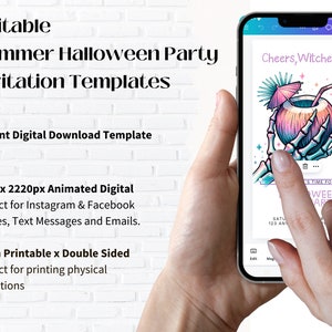 May include: A digital invitation template for a summer Halloween party. The template features a skeleton hand holding a coconut with a straw and umbrella. The text "Cheers, Witches!" is at the top of the template. The template is available in 1080 x 2220 pixels and can be printed as a 5x7 inch double-sided invitation.