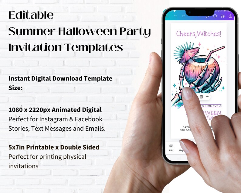 May include: A digital invitation template for a summer Halloween party. The template features a skeleton hand holding a coconut with a straw and umbrella. The text "Cheers, Witches!" is at the top of the template. The template is available in 1080 x 2220 pixels and can be printed as a 5x7 inch double-sided invitation.