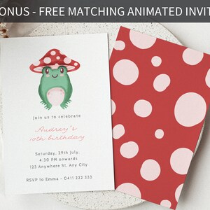 May include: A red and white mushroom with a green frog sitting on top. The mushroom is on a white card with the text "Join us to celebrate Audrey's 10th birthday" and details for the birthday party. The card is on a white surface with a red card with white polka dots in the background.