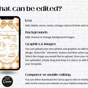 May include: A smartphone displays a Friendsgiving party invitation with an orange gingham pattern. The text details editing options: text, backgrounds, graphics, and mobile editing via Canva. The invitation includes illustrations of a turkey, champagne flutes, and a globe.