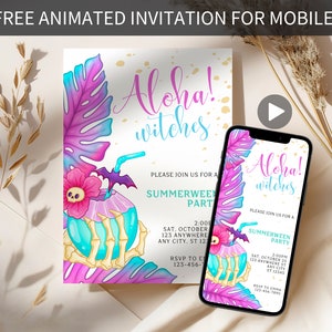 May include: A digital invitation for a Summerween party with a tropical theme. The invitation features a skull and crossbones holding a coconut drink with a bat and a pink flower. The text on the invitation reads "Aloha! witches" and "Please join us for a Summerween Party".