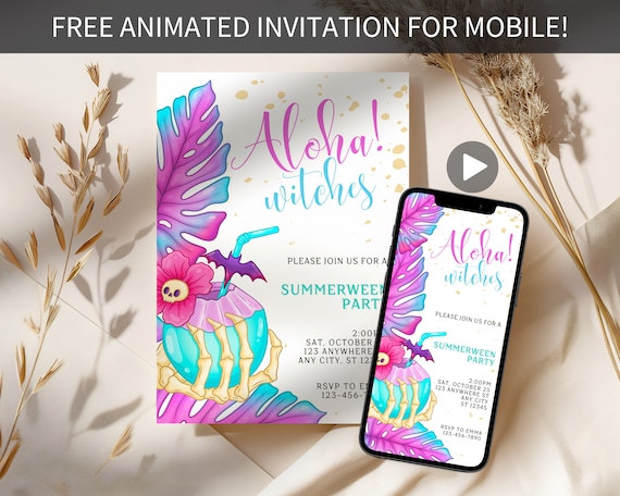 Tropical Halloween Invitation, Summerween Party Invite, Summer Halloween Invite, Editable Template Beach Halloween In Summer Pool Party,