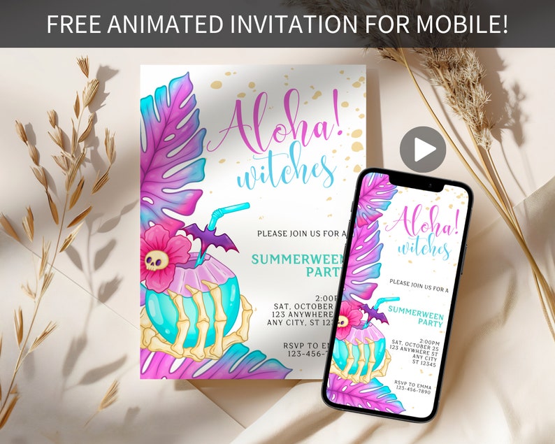 May include: A digital invitation for a Summerween party with a tropical theme. The invitation features a skull and crossbones holding a coconut drink with a bat and a pink flower. The text on the invitation reads "Aloha! witches" and "Please join us for a Summerween Party".