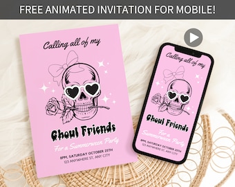 Zomer Halloween-uitnodiging, afdrukbare uitnodiging Summerween-feest, roze Halloween-uitnodiging, bewerkbare Halloween-sjabloon Hot Ghoul Summer