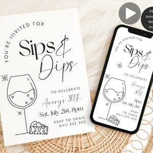 Puede incluir: Una invitación en blanco y negro para una fiesta llamada "Sips & Dips" para celebrar el 30 cumpleaños de Avery. La invitación presenta una copa de vino y un trozo de queso. La fiesta es el sábado 21 de julio a las 8 pm. RSVP a Emma al 0411 222 333.