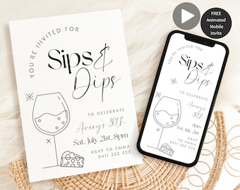 May include: A black and white invitation for a party called "Sips & Dips" to celebrate Avery's 30th birthday. The invitation features a glass of wine and a piece of cheese. The party is on Saturday, July 21st at 8pm. RSVP to Emma at 0411 222 333.