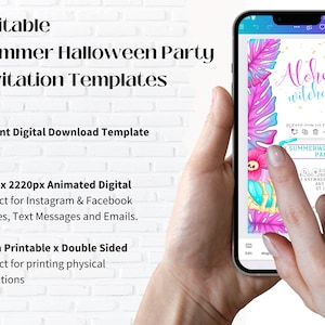 May include: A digital invitation template for a summer Halloween party. The template features a pink and blue tropical background with a skull and crossbones, palm leaves, and the text "Aloha! witches". The text "Summerween Party" is also included in the template.
