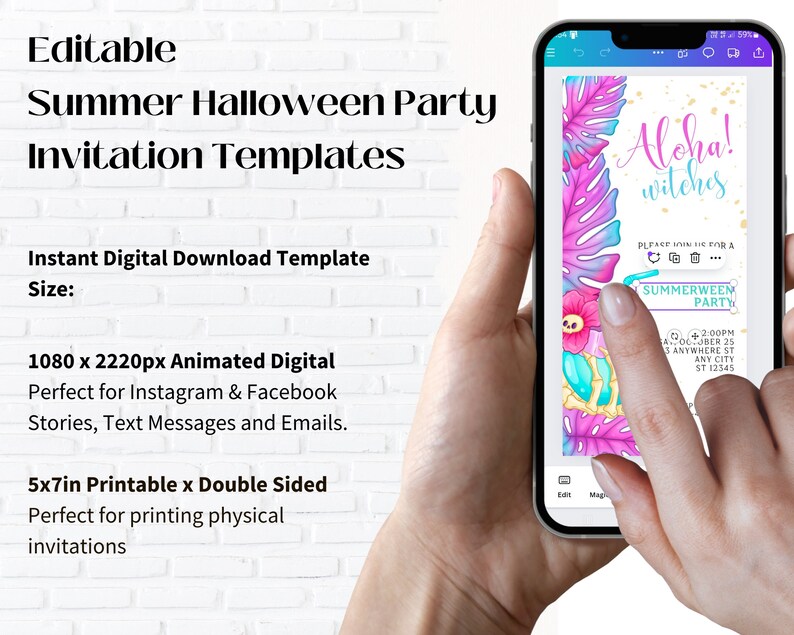 May include: A digital invitation template for a summer Halloween party. The template features a pink and blue tropical background with a skull and crossbones, palm leaves, and the text "Aloha! witches". The text "Summerween Party" is also included in the template.
