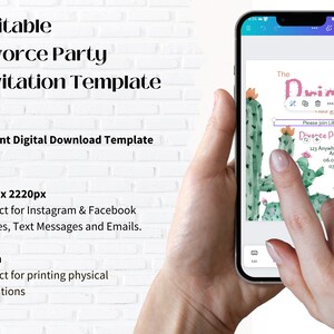 May include: A digital template for a divorce party invitation. The invitation features a cactus illustration with pink flowers and the text "The Drink is Gone!" and "Please join Lilly for a Divorce Party".