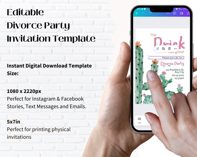May include: A digital template for a divorce party invitation. The invitation features a cactus illustration with pink flowers and the text "The Drink is Gone!" and "Please join Lilly for a Divorce Party".