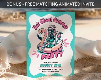 Hot Ghoul Summer Halloween Invitation, Summerween Party Invite, Beach Halloween Invite Editable Template Pink Halloween In Summer Pool Party