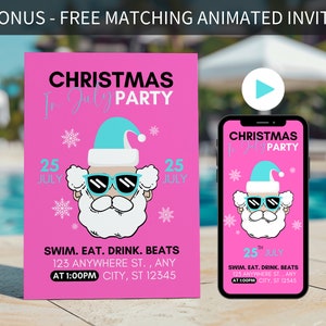 Bearbeitbare Weihnachten im Juli Einladung, Santa Sommer Pool Party einladen, Juli Weihnachten Einladung Vorlage, Tropische Weihnachten laden Sommer ein
