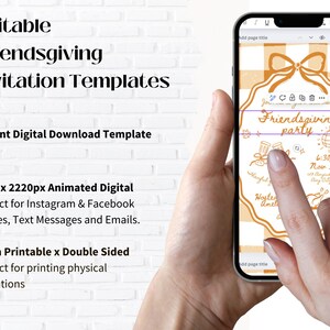 May include: A digital Friendsgiving invitation template displayed on a smartphone. The design features an orange and white gingham pattern, a bow, and the words "Friendsgiving party." The invitation is 5x7 inches and can be printed.