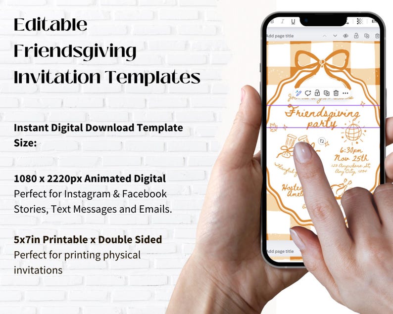 May include: A digital Friendsgiving invitation template displayed on a smartphone. The design features an orange and white gingham pattern, a bow, and the words "Friendsgiving party." The invitation is 5x7 inches and can be printed.