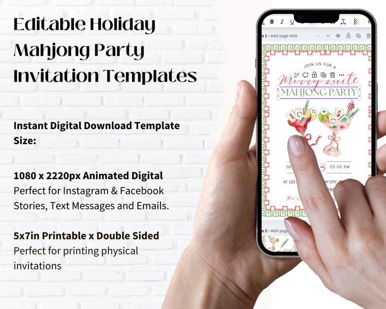 Pode incluir: Um smartphone exibe um modelo de convite digital para uma festa de Mahjong. O convite apresenta ilustra&ccedil;&otilde;es em aquarela de coquet&eacute;is e decora&ccedil;&otilde;es festivas. O texto na tela diz "Merry Suite Mahjong Party". O modelo est&aacute; dispon&iacute;vel para uso digital e impress&atilde;o.