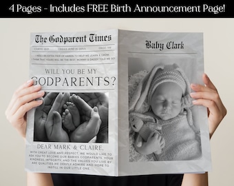 Godparent Proposal Newspaper Template, Editable Newspaper Baby Arrival, Printable Folded Newspaper Godmother Request, Godfather Proposal