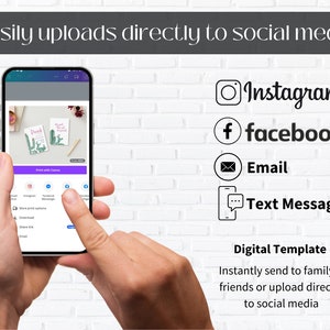 May include: A smartphone screen displaying a digital template for a printable card with a cactus design. The screen shows options to share the template on social media platforms like Instagram, Facebook, and email. The text "Print with Canva" is visible on the screen.