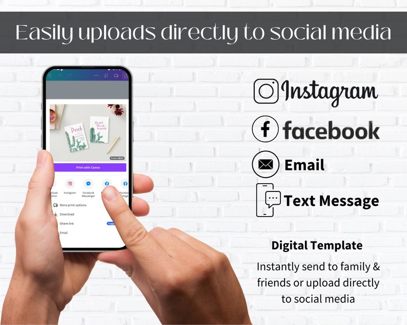May include: A smartphone screen displaying a digital template for a printable card with a cactus design. The screen shows options to share the template on social media platforms like Instagram, Facebook, and email. The text "Print with Canva" is visible on the screen.
