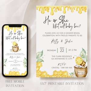 Invitación de fiesta de revelación de género con tema de abeja de miel, 5 x 7 pulgadas, Bumble Bee Baby Shower, Móvil e imprimible, Baby Sprinkle Honeybee Set97