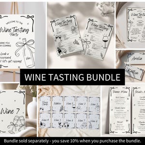 May include: A collection of black and white wine tasting party supplies. Includes a welcome sign, tasting cards, place cards, wine labels, and menus. The sign says "Welcome to the Wine Tasting Party".