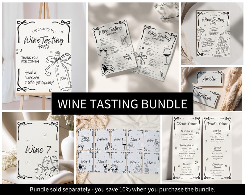 May include: A collection of black and white wine tasting party supplies. Includes a welcome sign, tasting cards, place cards, wine labels, and menus. The sign says "Welcome to the Wine Tasting Party".
