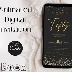 EDITIERBARE Geburtstagseinladung zum 50. Geburtstag, digitale Einladung, elektronische Einladung Feier Anlass E-invite Black Gold Glitter Fifty Birthday Party