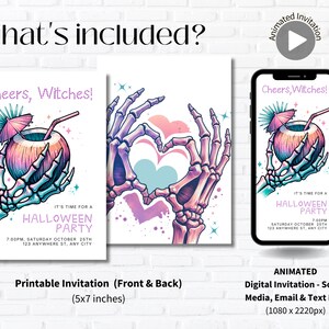 May include: Printable and digital Halloween party invitation featuring a skeleton hand holding a tropical drink with a pink and blue ombre color scheme. The text reads "Cheers, Witches! It's time for a Halloween Party".