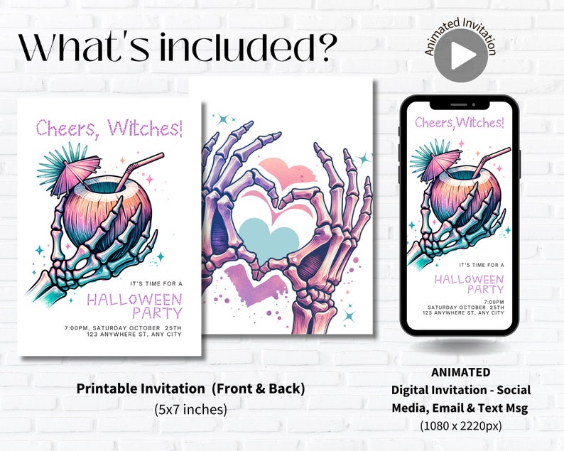 May include: Printable and digital Halloween party invitation featuring a skeleton hand holding a tropical drink with a pink and blue ombre color scheme. The text reads "Cheers, Witches! It's time for a Halloween Party".