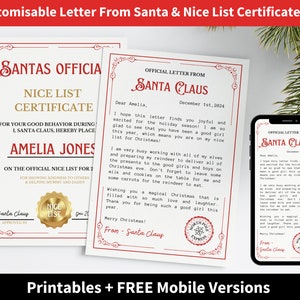 Carta oficial editable de Carta de Papá Noel, Certificado de lista de Papá Noel, Carta de Papá Noel para niños, Juego de Navidad, Carta personalizable