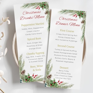 Szablon menu świątecznego do wydrukowania 4x9'', karty menu kolacji świątecznej, pomysł na menu na ucztę świąteczną Pomysły na menu świąteczne, szablony menu świątecznego
