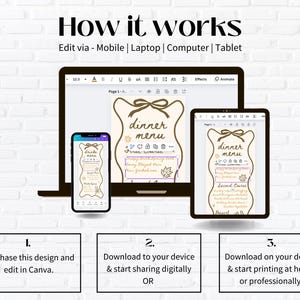 May include: An image showing a step-by-step guide on how to edit a dinner menu design. The guide is displayed on a laptop, tablet, and smartphone. The text reads "How it works" and "Edit via - Mobile | Laptop | Computer | Tablet."