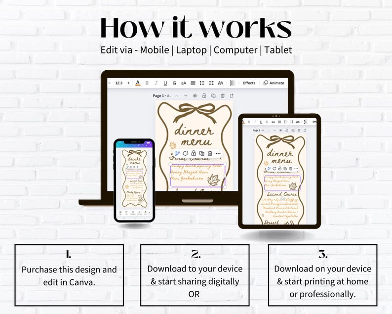 May include: An image showing a step-by-step guide on how to edit a dinner menu design. The guide is displayed on a laptop, tablet, and smartphone. The text reads "How it works" and "Edit via - Mobile | Laptop | Computer | Tablet."