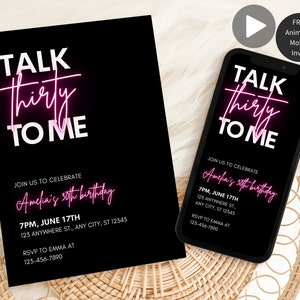 Talk Thirty To Me, Neon Pink 30th Birthday Invite, Thirtieth Birthday Party Invitation, Editable Invite Printable Invitation & Digital Evite
