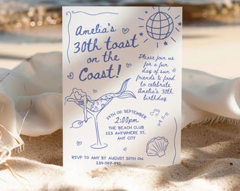 Elke leeftijd handgetekende verjaardagsuitnodiging, 30e toast aan de kust, Krabbel verjaardagsuitnodiging, handgetekende verjaardagsuitnodiging, strand zomerfeest