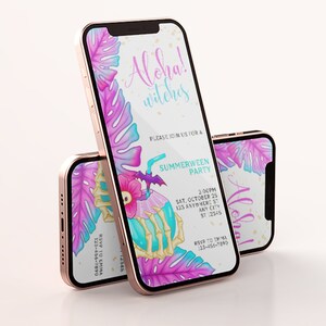 May include: A digital invitation on a pink and gold phone screen with a tropical theme. The invitation reads "Aloha! witches" and invites guests to a "Summerween Party" on October 25th at 2:00 PM. The invitation features a skull with a flower and a bat.