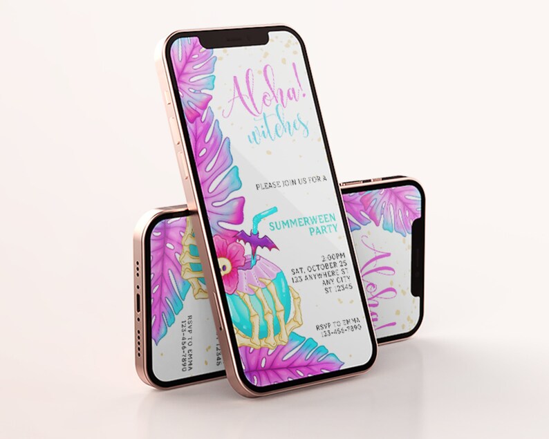 May include: A digital invitation on a pink and gold phone screen with a tropical theme. The invitation reads "Aloha! witches" and invites guests to a "Summerween Party" on October 25th at 2:00 PM. The invitation features a skull with a flower and a bat.