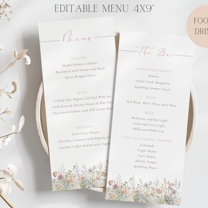 Afdrukbare menusjabloon dubbelzijdig of enkelzijdig 4x9'', bewerkbaar eten & drinken menuontwerp Floral menukaart drankenlijst, brunchmenu DIY
